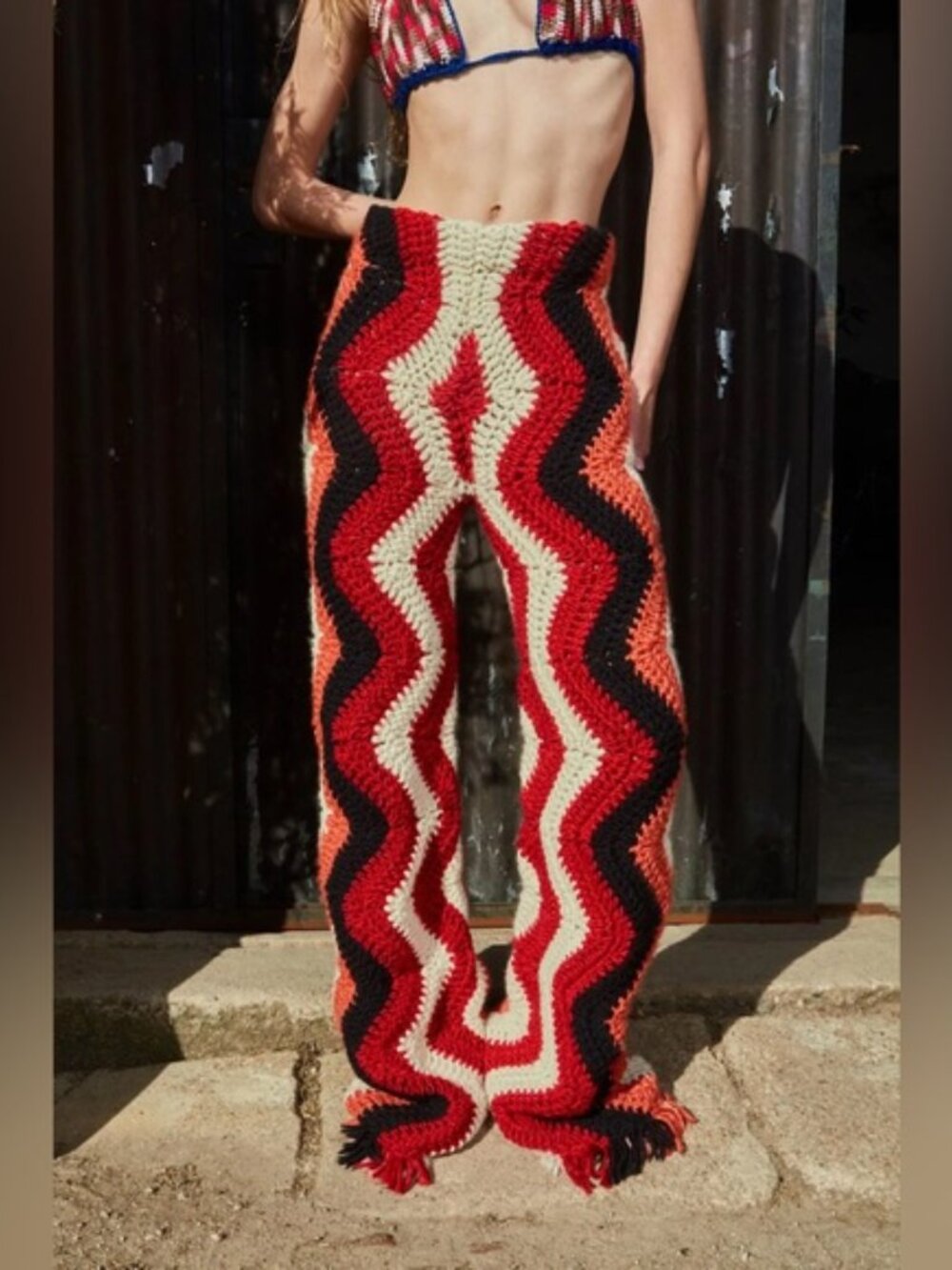 FREE PEOPLE “THE FARRA” CROCHET KNIT PANTS RARE  BOHO ICON  FESTIVAL STATEMENT - Picture 6 of 11